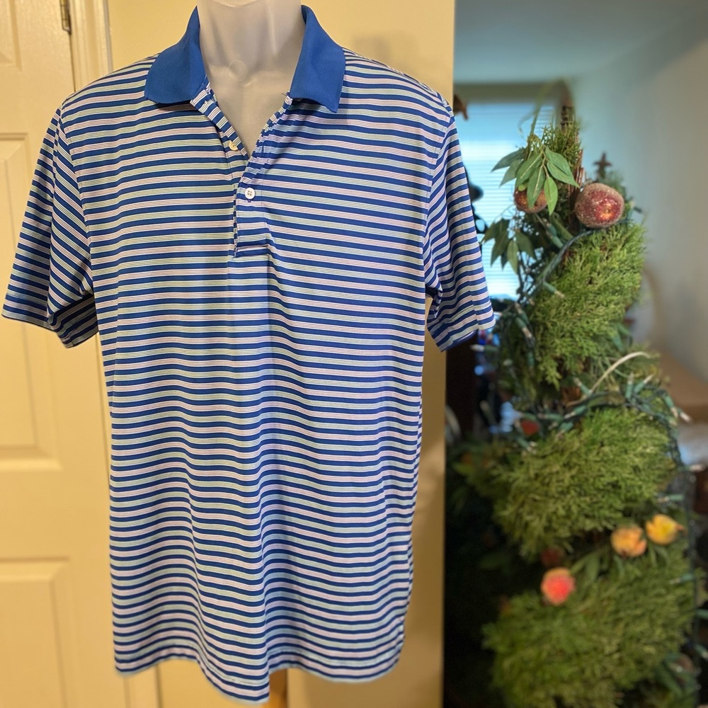 PGA Tour - Mens blue/white/green stripes polo shirt, Size: M